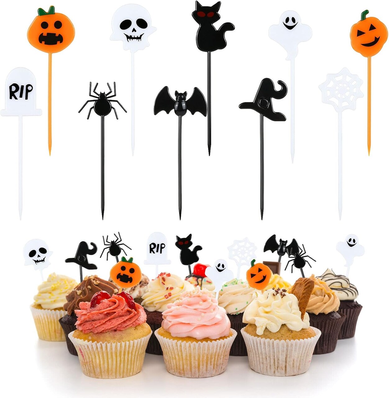 100PCS Halloween Toothpicks for Food, Plastic Halloween Food Cocktail Appetizer Picks Cupcake Toppers for Halloween Baby Shower Birthday Wedding Party Cake Decorations